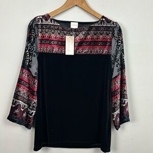 NWT Chicos Bordered Velvet Black 3/4 Sleeve Tayna Tunic Top Sz S